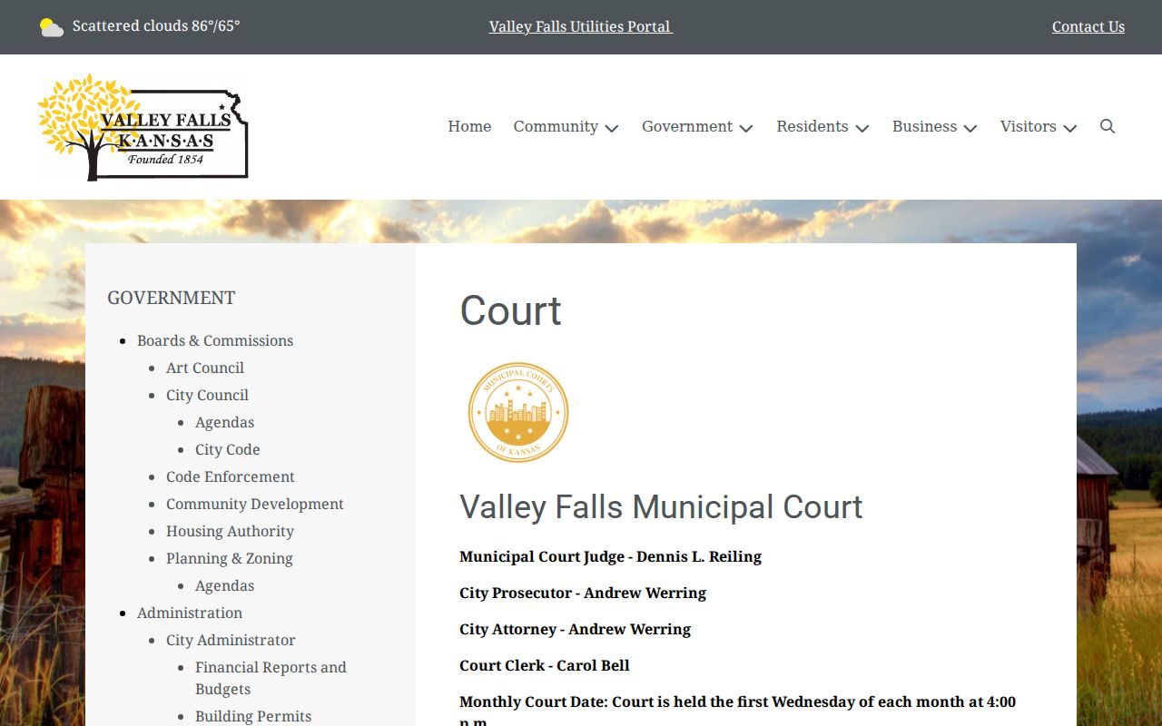 Valley Falls Municipal Court schedule, officials, and courtroom rules